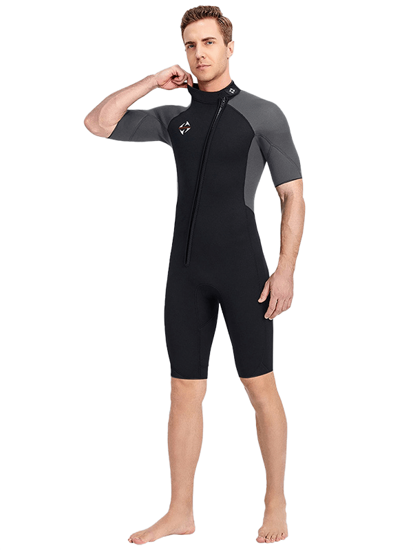 Male model wearing a black and grey short sleeve wetsuit, perfect for water sports like swimming and diving, with UV protection.